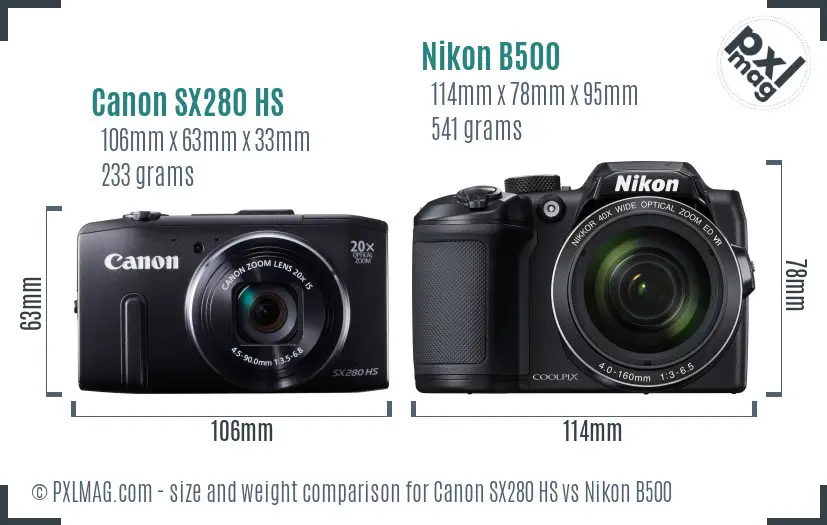 Canon SX280 HS vs Nikon B500 size comparison