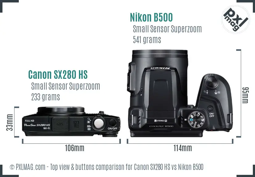 Canon SX280 HS vs Nikon B500 top view buttons comparison