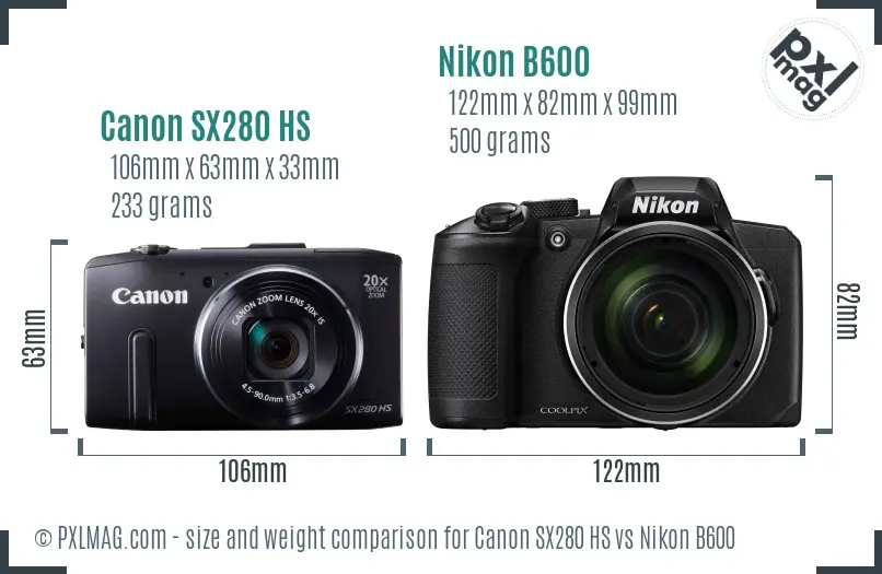 Canon SX280 HS vs Nikon B600 size comparison
