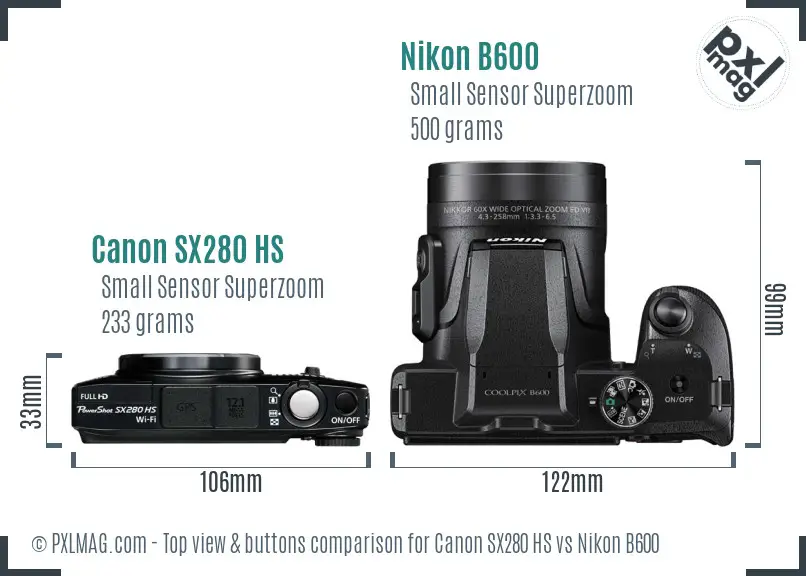 Canon SX280 HS vs Nikon B600 top view buttons comparison