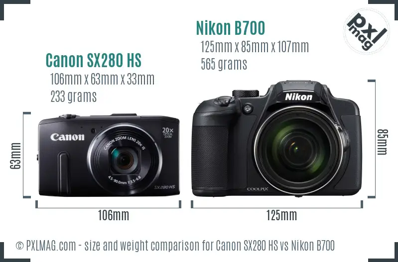 Canon SX280 HS vs Nikon B700 size comparison