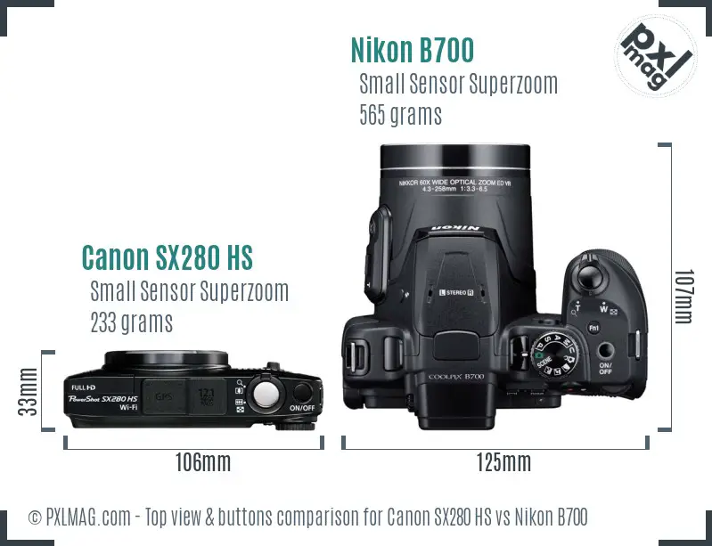 Canon SX280 HS vs Nikon B700 top view buttons comparison
