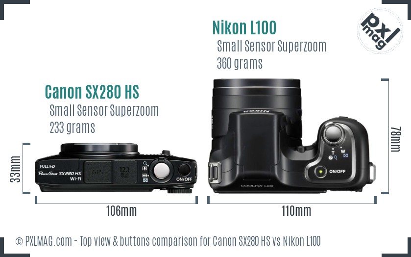 Canon SX280 HS vs Nikon L100 top view buttons comparison