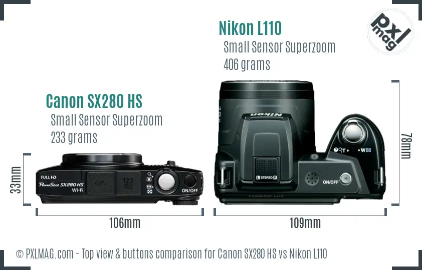 Canon SX280 HS vs Nikon L110 top view buttons comparison Canon SX280 HS vs Nikon L110 top view buttons comparison