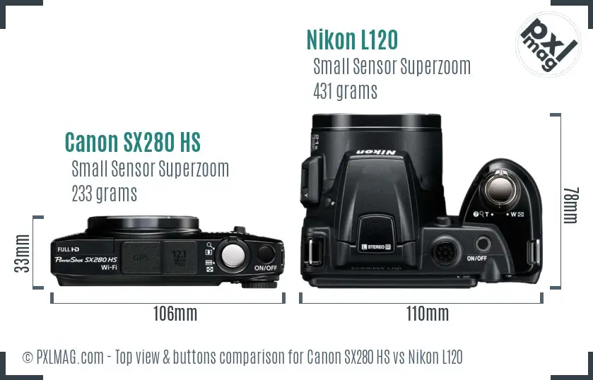 Canon SX280 HS vs Nikon L120 top view buttons comparison Canon SX280 HS vs Nikon L120 top view buttons comparison