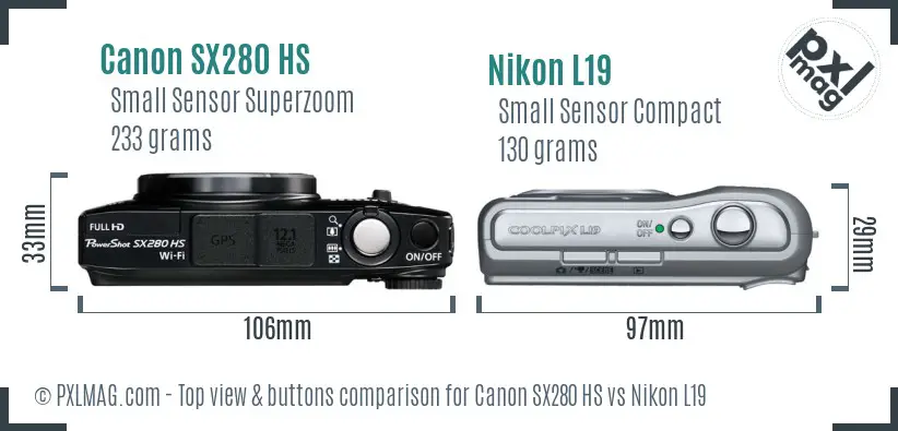 Canon SX280 HS vs Nikon L19 top view buttons comparison