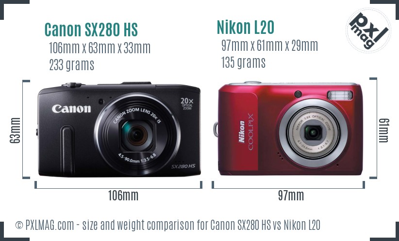 Canon SX280 HS vs Nikon L20 size comparison