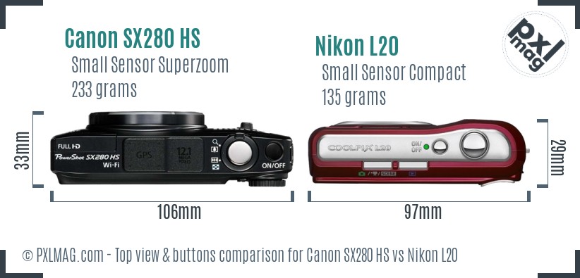 Canon SX280 HS vs Nikon L20 top view buttons comparison