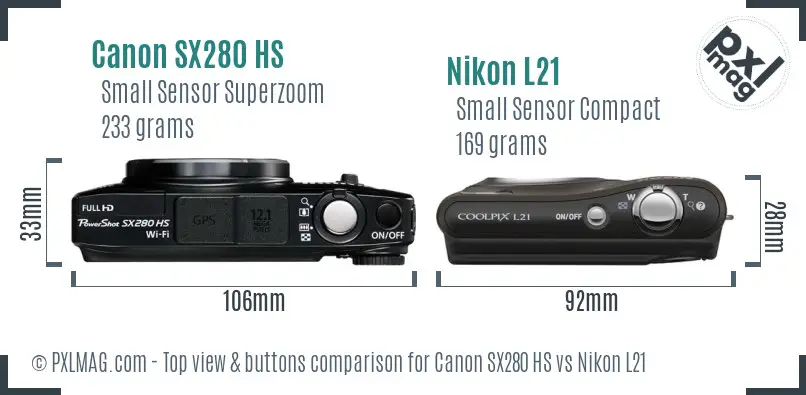 Canon SX280 HS vs Nikon L21 top view buttons comparison