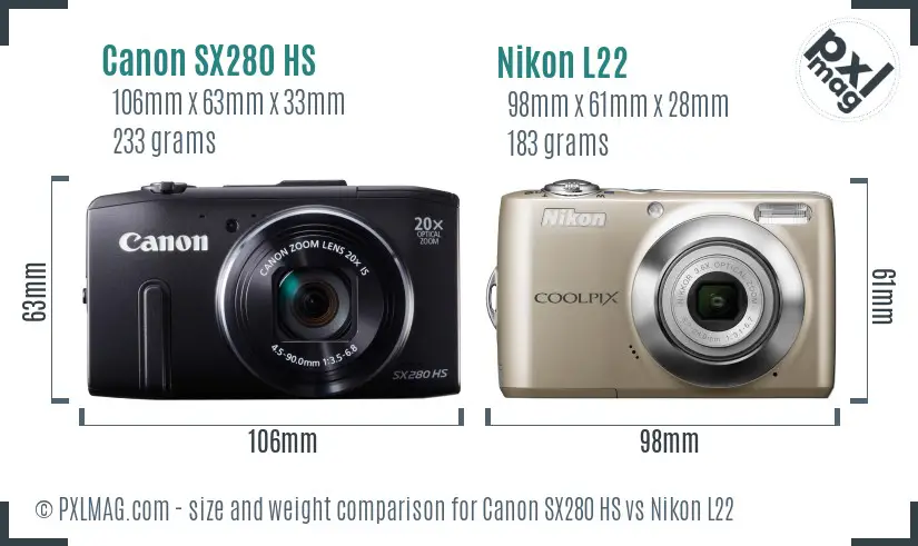 Canon SX280 HS vs Nikon L22 size comparison