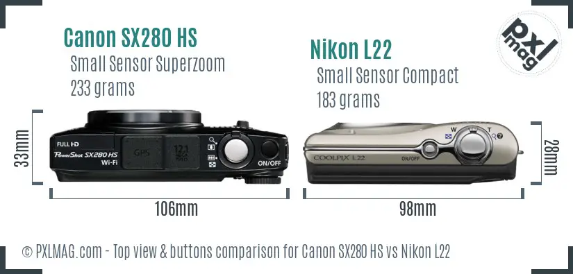 Canon SX280 HS vs Nikon L22 top view buttons comparison