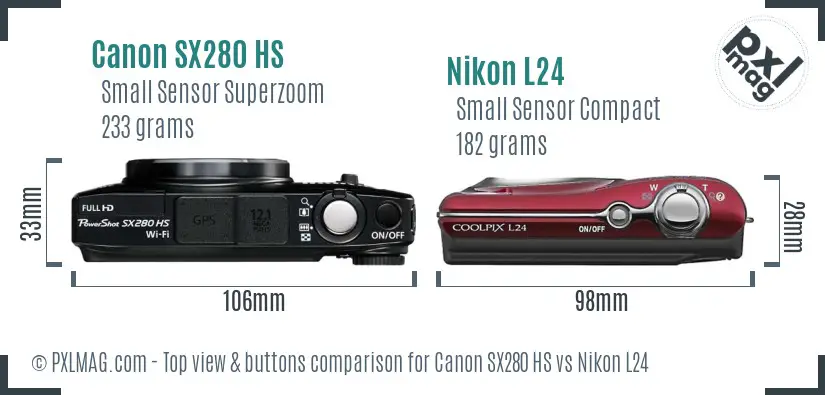 Canon SX280 HS vs Nikon L24 top view buttons comparison