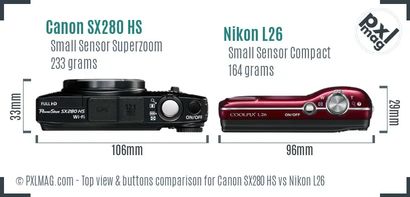 Canon SX280 HS vs Nikon L26 top view buttons comparison