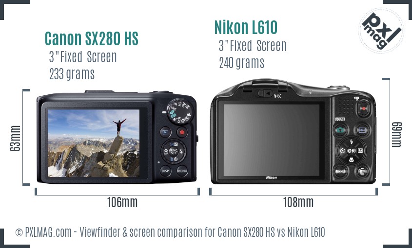 Canon SX280 HS vs Nikon L610 Screen and Viewfinder comparison