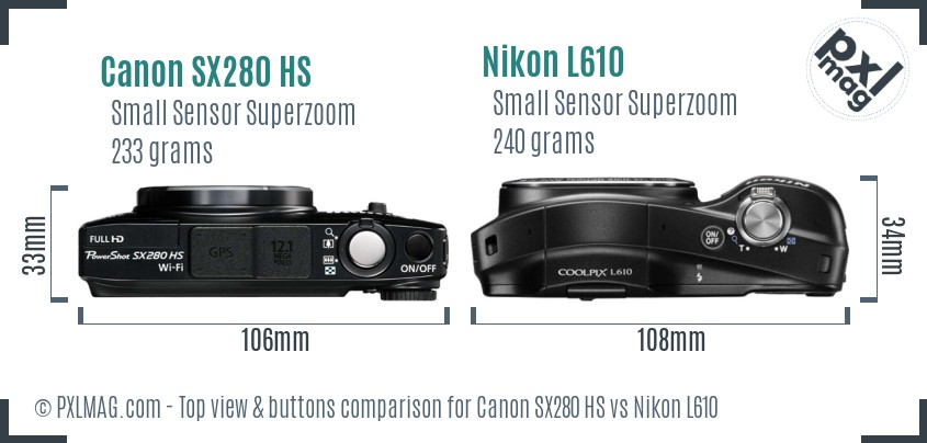 Canon SX280 HS vs Nikon L610 top view buttons comparison