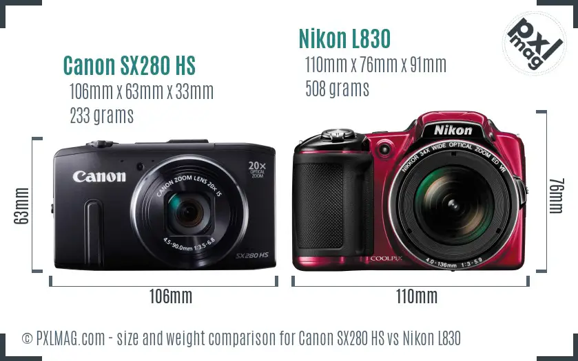 Canon SX280 HS vs Nikon L830 size comparison