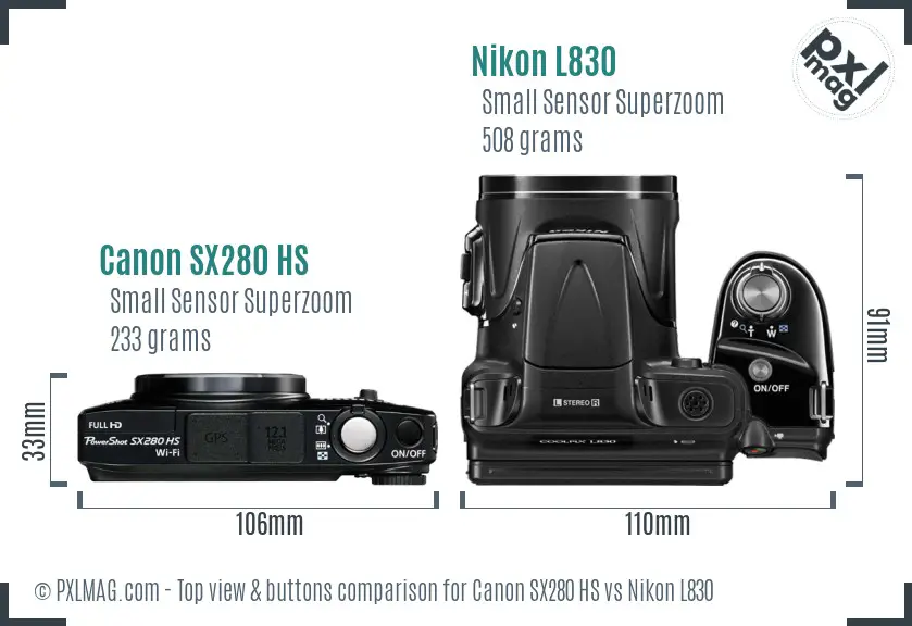 Canon SX280 HS vs Nikon L830 top view buttons comparison