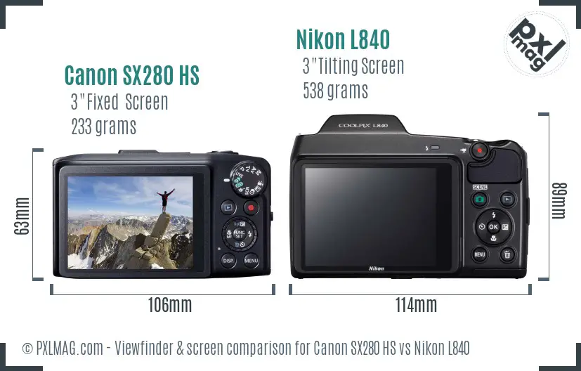 Canon SX280 HS vs Nikon L840 Screen and Viewfinder comparison