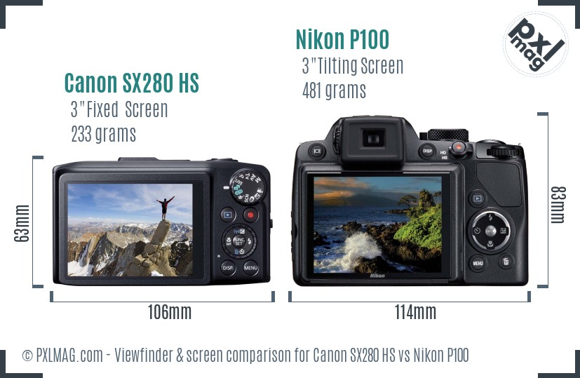 Canon SX280 HS vs Nikon P100 Screen and Viewfinder comparison