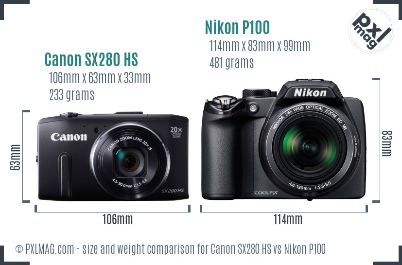 Canon SX280 HS vs Nikon P100 size comparison Canon SX280 HS vs Nikon P100 size comparison