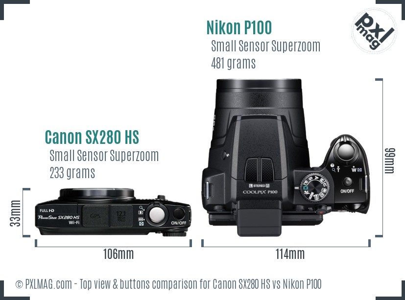 Canon SX280 HS vs Nikon P100 top view buttons comparison