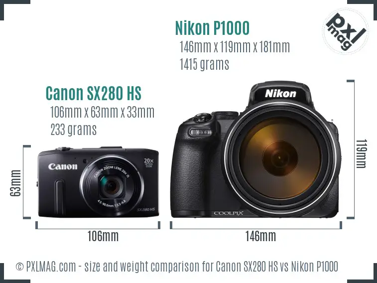Canon SX280 HS vs Nikon P1000 size comparison Canon SX280 HS vs Nikon P1000 size comparison