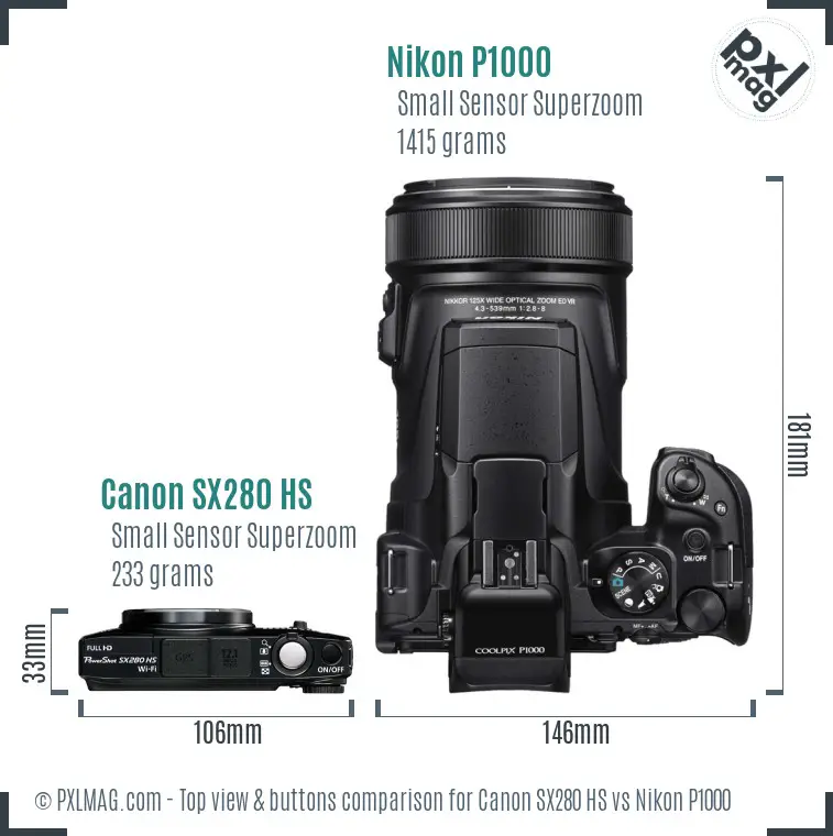 Canon SX280 HS vs Nikon P1000 top view buttons comparison Canon SX280 HS vs Nikon P1000 top view buttons comparison