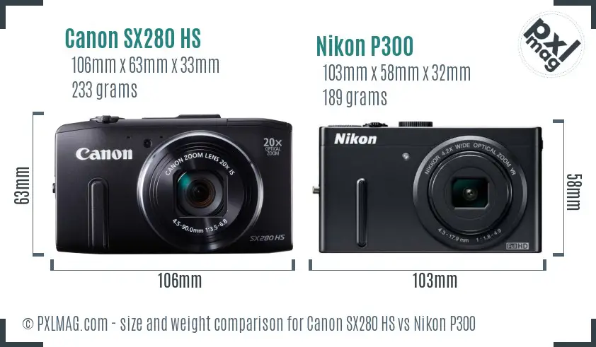 Canon SX280 HS vs Nikon P300 size comparison