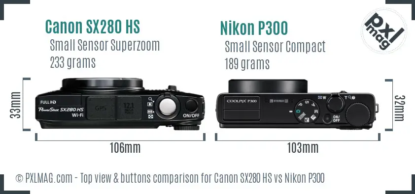 Canon SX280 HS vs Nikon P300 top view buttons comparison