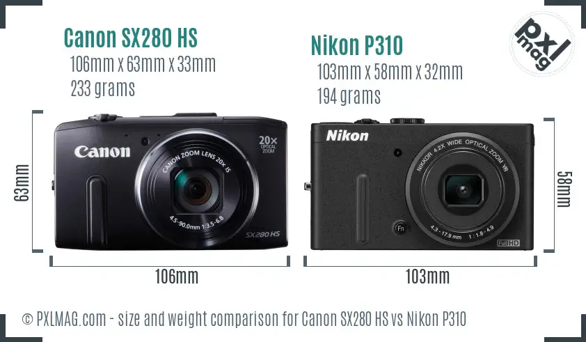 Canon SX280 HS vs Nikon P310 size comparison