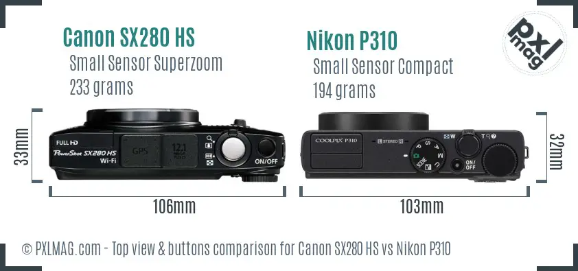 Canon SX280 HS vs Nikon P310 top view buttons comparison