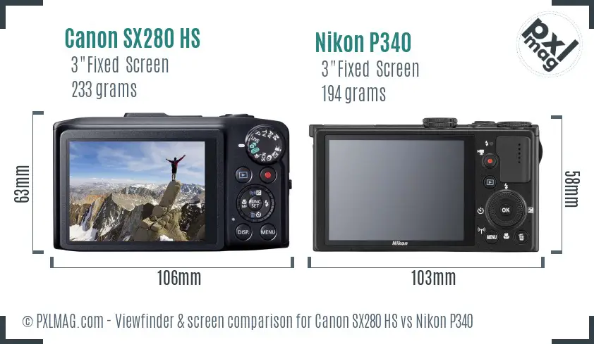 Canon SX280 HS vs Nikon P340 Screen and Viewfinder comparison