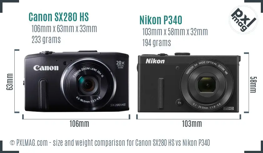 Canon SX280 HS vs Nikon P340 size comparison