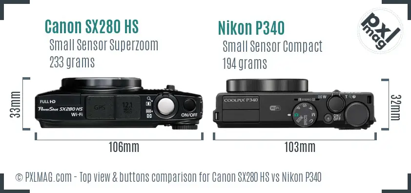 Canon SX280 HS vs Nikon P340 top view buttons comparison