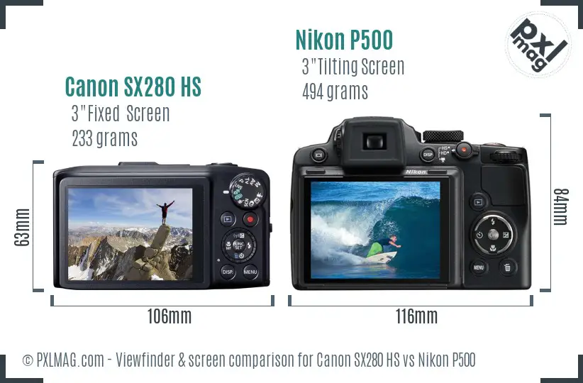 Canon SX280 HS vs Nikon P500 Screen and Viewfinder comparison
