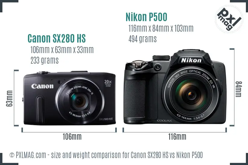 Canon SX280 HS vs Nikon P500 size comparison