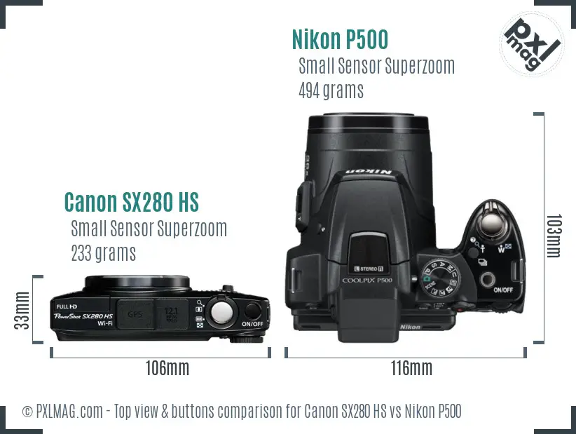 Canon SX280 HS vs Nikon P500 top view buttons comparison