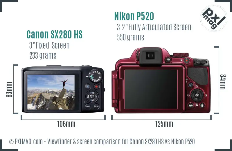 Canon SX280 HS vs Nikon P520 Screen and Viewfinder comparison