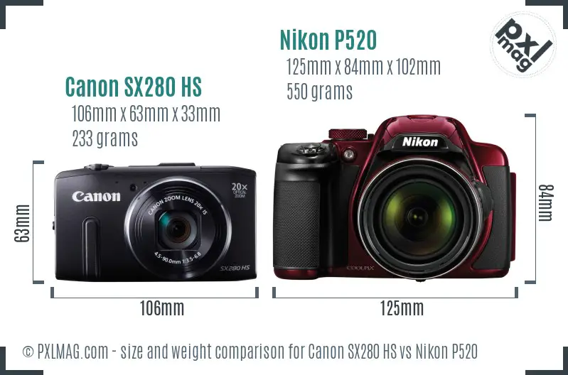 Canon SX280 HS vs Nikon P520 size comparison