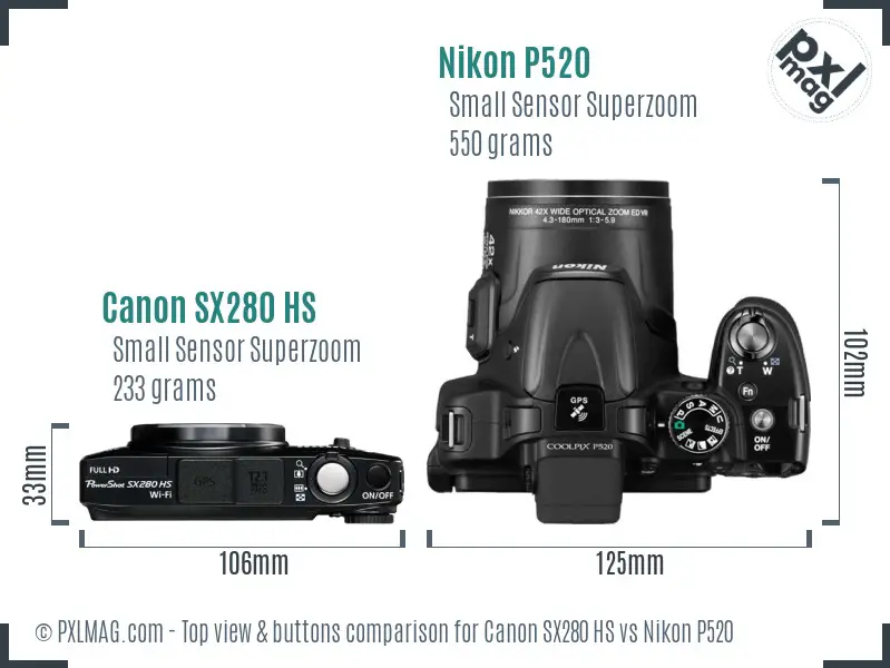Canon SX280 HS vs Nikon P520 top view buttons comparison