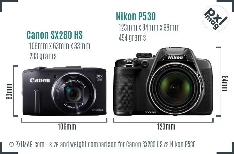 Canon SX280 HS vs Nikon P530 size comparison