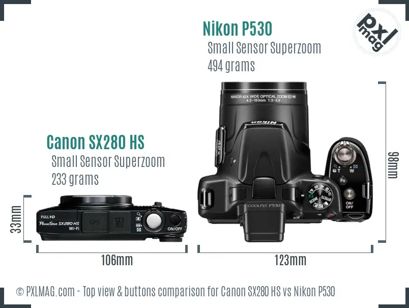 Canon SX280 HS vs Nikon P530 top view buttons comparison