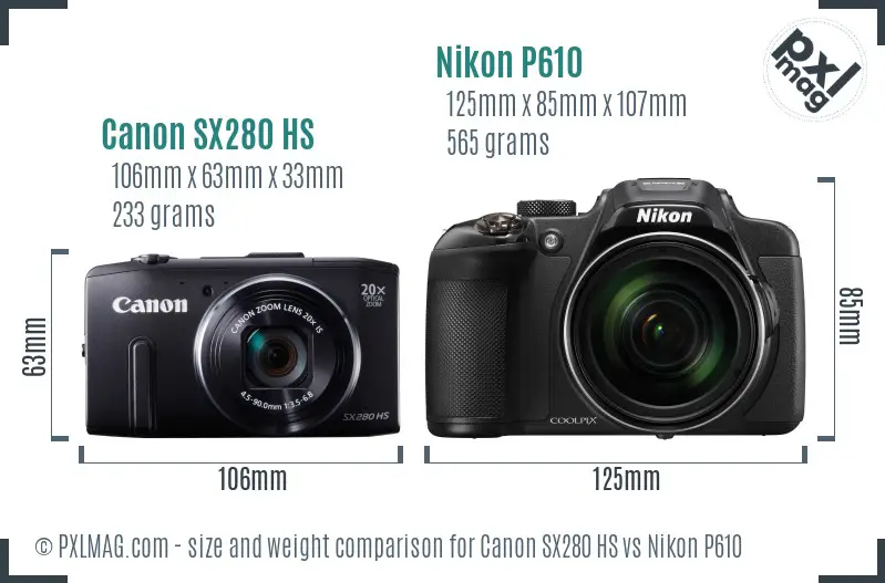 Canon SX280 HS vs Nikon P610 size comparison