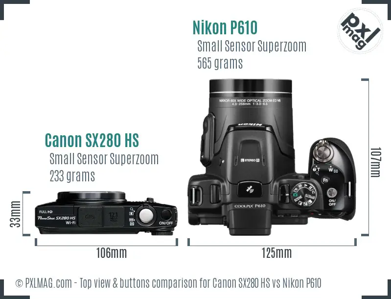 Canon SX280 HS vs Nikon P610 top view buttons comparison