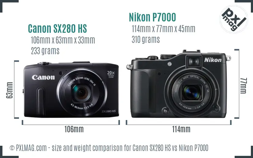 Canon SX280 HS vs Nikon P7000 size comparison