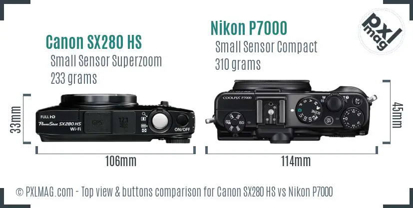 Canon SX280 HS vs Nikon P7000 top view buttons comparison