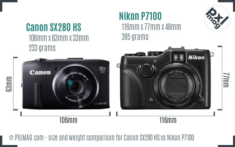 Canon SX280 HS vs Nikon P7100 size comparison