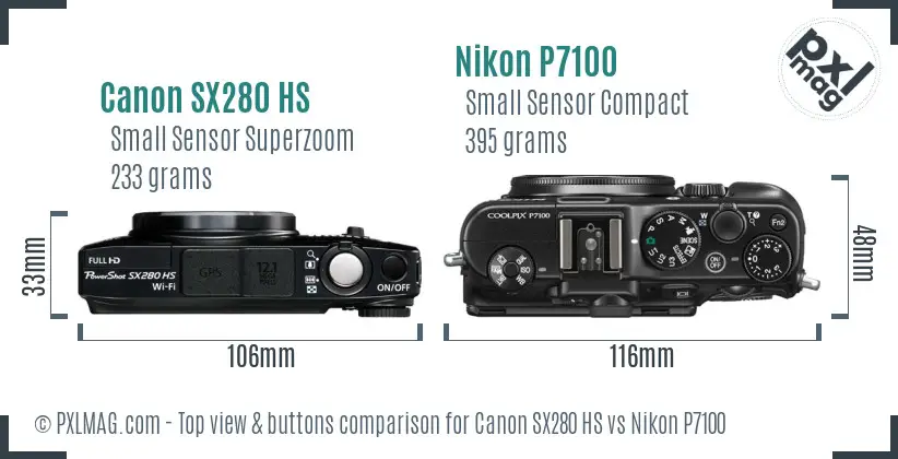 Canon SX280 HS vs Nikon P7100 top view buttons comparison