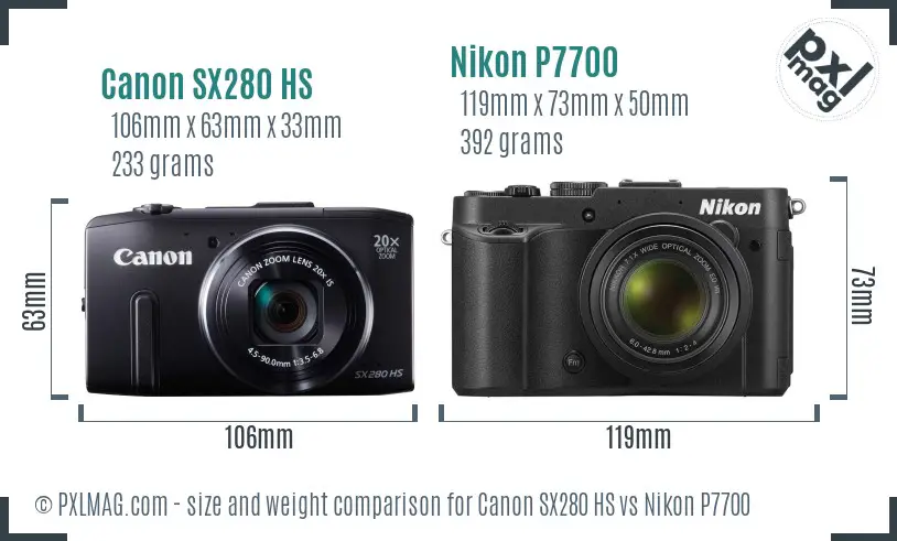 Canon SX280 HS vs Nikon P7700 size comparison