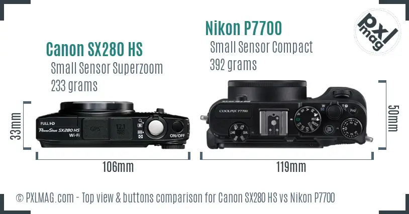 Canon SX280 HS vs Nikon P7700 top view buttons comparison